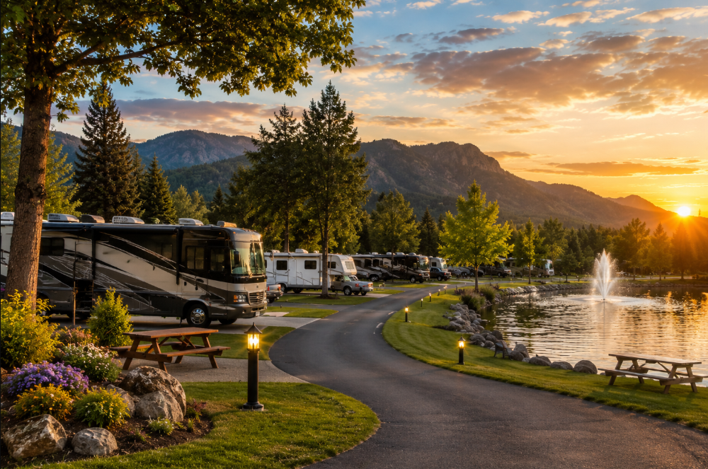 Scenic RV park and campground at sunset