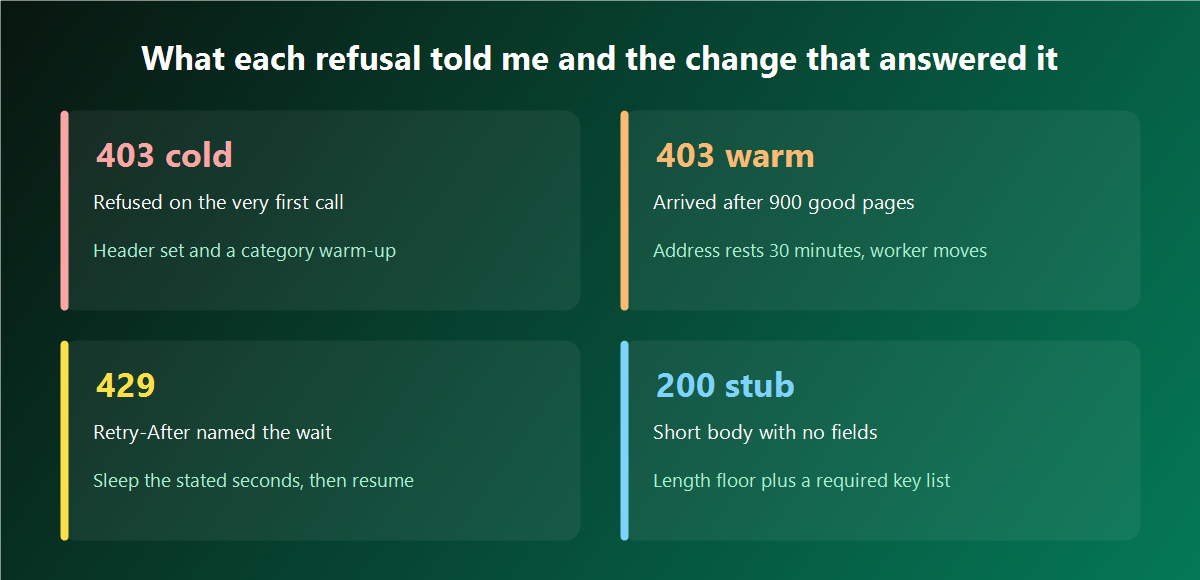 Four cards pairing each refusal type with the change that answered it