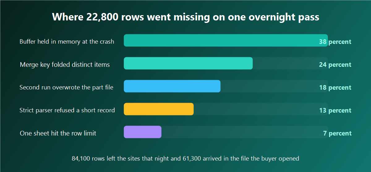 Bar chart showing where rows disappeared during one overnight collection pass