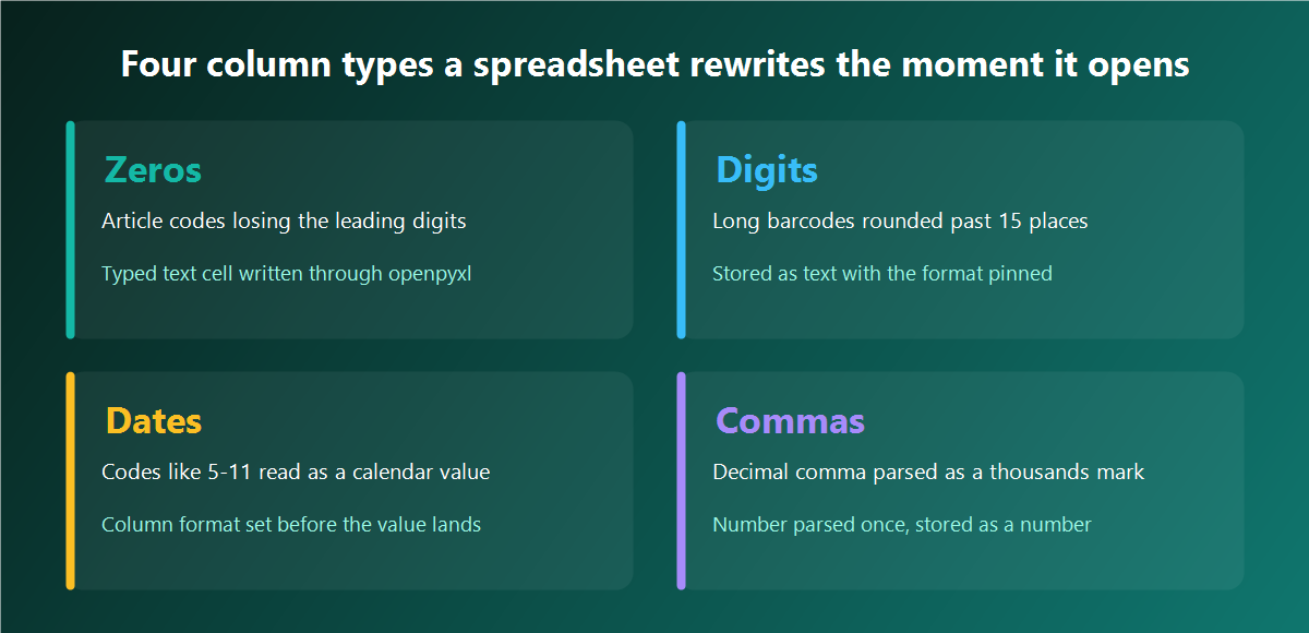 Four column types a spreadsheet rewrites on open and the fix that holds for each
