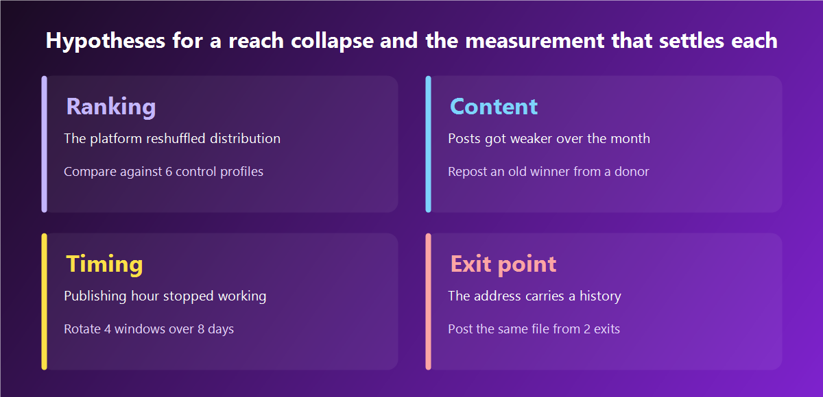 Four hypotheses for a reach collapse with the measurement that settles each one