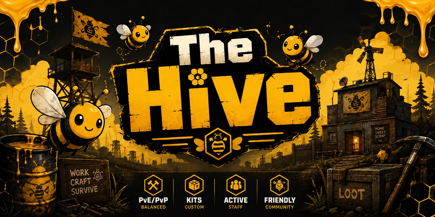 Баннер сервера The Hive | PvE/PvP | Raids | Dungeons | Bosses |