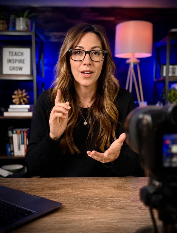 Course creator presenting on camera in a professional studio