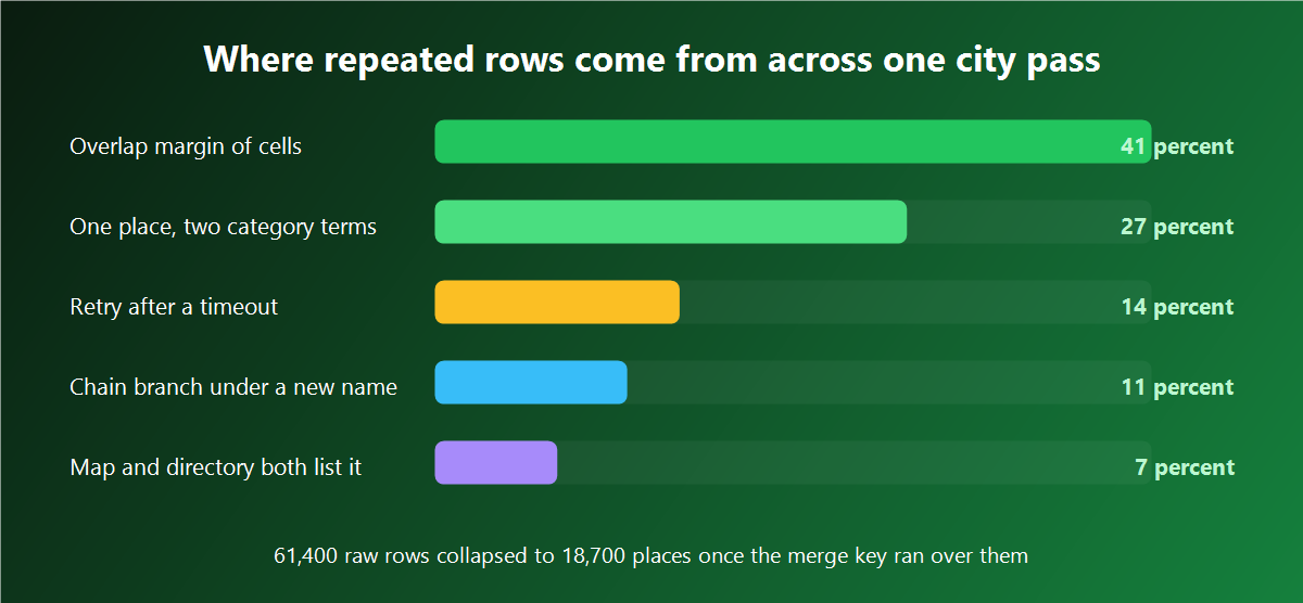 Bar chart of duplicate row causes across a full city collection pass