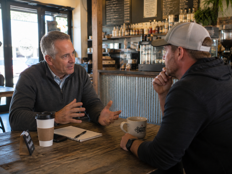 Christian business owner meeting with another local business owner